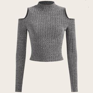 5/20$ Cold Shoulder Rib Knit Crop Long Sleeve Tee